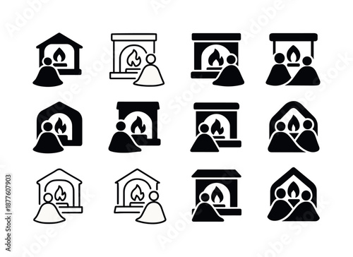 Fireplace Icon Set. People enjoying a warm fire in the fireplace. Icon set. Set Logo of people enjoying a warm fire in the fireplace: blanket and firelight.