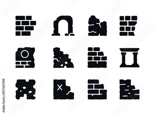 Historic Wall Icons. Historic wall fragments. Solid icon set of historic wall fragments: ancient brick, weathered arch, stone outline, faded engraving, ruined