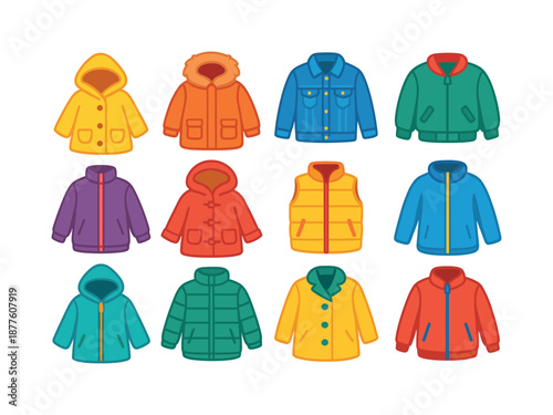 Colorful Children's Outerwear Collection. Children?s outerwear. Colorful flat vector icons set of Children?s outerwear: raincoat, winter parka, denim jacket,