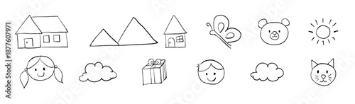 Set of assortment of simple, hand drawn doodle icons for children and everyday objects, transparent background. Vector illustration.