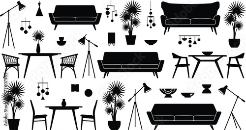 Modern interior furniture silhouettes collection featuring sofas chairs tables lamps plants decorative objects mid century living room black vector illustration