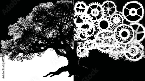 A split-screen view One side, a tree; the other, gears symbolizing organic and mechanical harmony