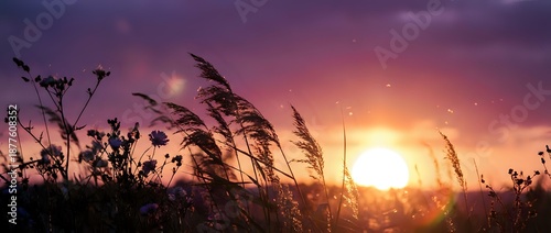 Panel kuchenny z motywem Tall grass silhouettes swaying in gentle breeze against vibrant purple and orange sunset sky with bright sun on horizon creating peaceful natural landscape scene.