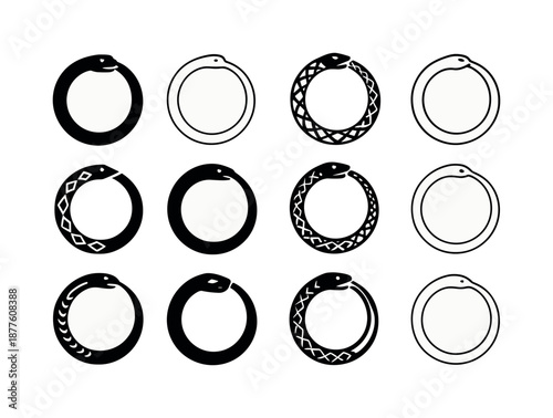 Mythical Icon Grid. Religious myths and their cultural importance. Icon set. Set Logo of Religious myths and their cultural importance: Cosmic serpent ring: