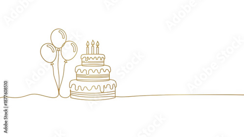 Minimalist gold line art illustration of a three-tiered birthday cake with candles and balloons for elegant design