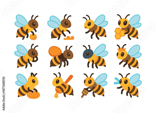 Honey Bee Roles. Honey Bee Jobs. Colorful flat vector icons set of Honey Bee Jobs: forager bee, nurse bee, guard bee, builder bee, cleaner bee, undertaker bee,