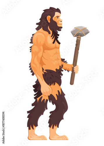 Prehistoric caveman character holding stone hammer vector illustration