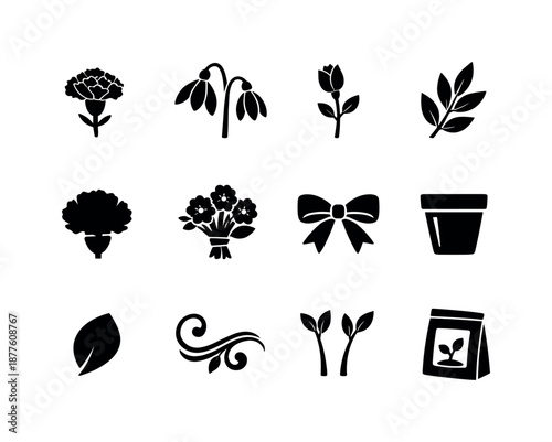 January Flower Icons. January birth flowers. Solid icon set of January birth flowers: carnation, snowdrop, bud stem, leaf sprig, bloom silhouette, bouquet