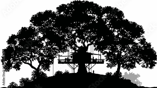 A silhouette of a large tree with a treehouse built into it, surrounded by foliage