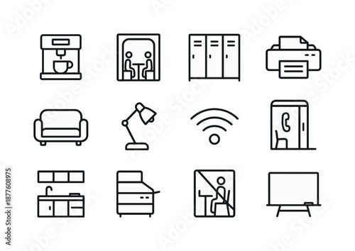 Coworking Amenities Icons. Coworking amenities. Line icon set of Coworking amenities: coffee machine, meeting booth, lockers, printer, lounge sofa, desk lamp,