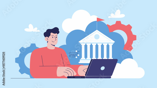 man on a laptop accessing digital government services vector illustration