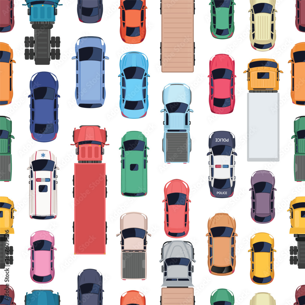 Fototapeta premium Seamless top view pattern of cars and trucks. Road transport from above. Vector illustration