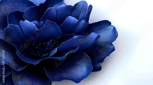 Deep blue peony flower with layered petals on white background for floral design projects, wedding invitations, botanical art and decorative elements.