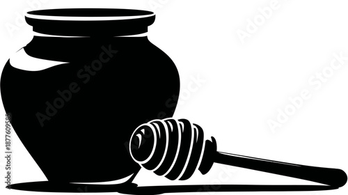 Black and white illustration of a jar, filled with a viscous liquid, and a honey dipper
