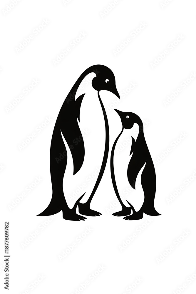 Fototapeta premium Penguin Parent and Chick Standing Together in Simple Illustration