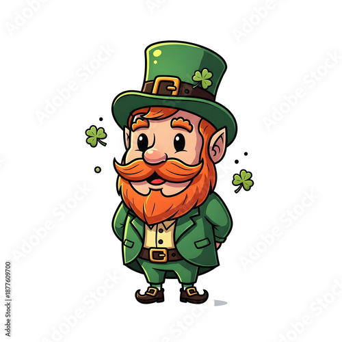 Cartoon leprechaun wearing green suit and hat with shamrocks smiling