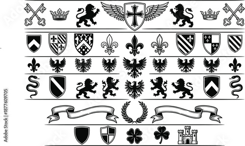 Medieval heraldic border elements collection with shields lions eagles crowns banners and ornaments for vintage coat of arms vector designs