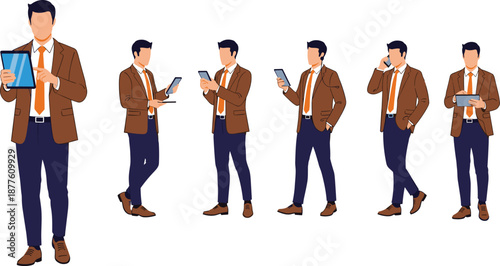 Business man character illustration set showing professional poses using tablet and smartphone, modern corporate lifestyle, mobile technology, communication, productivity and office work concept
