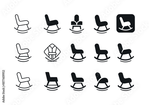 Rocking Chair Icons. A comfortable rocking chair in a nursery or reading room. Icon set. Set Logo of a comfortable rocking chair in a nursery or reading room: