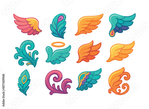 Colorful Wing Icons. Wing ornaments. Colorful flat vector icons set of wing ornaments: decorative wing, ornate feather pattern, gold-accent wing, jewel-tipped