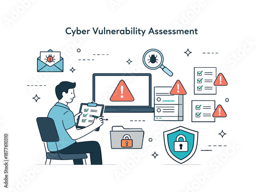 Cybersecurity Evaluation Process. Cyber vulnerability assessment. Professional reviewing system components with checklists and alert icons, careful and