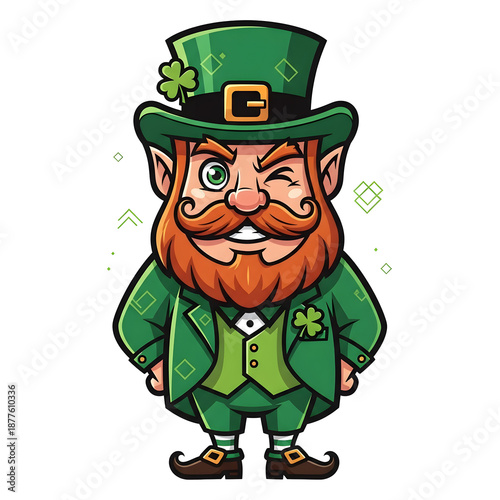 Smiling leprechaun cartoon character wearing green suit and hat with shamrock
