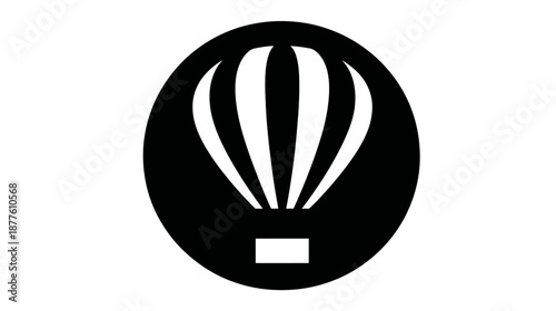 A black and white hot air balloon icon inside of a black circle