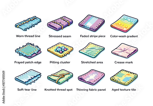 Colorful Fabric Icons. Fabric wear patterns. Colorful isometric vector icons set of fabric wear patterns: worn thread line, stressed seam, faded stripe piece,