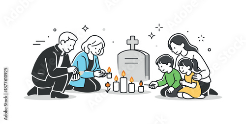 Family Memorial Vigil. Family visiting cemetery lighting candles. Family members gently lighting memorial candles at a grave. Symbolic warmth, remembrance, and
