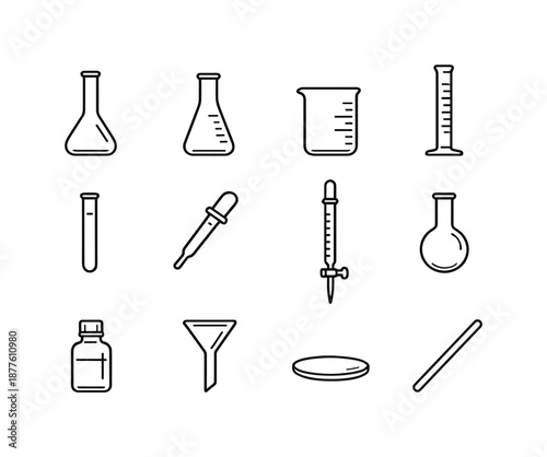 Laboratory Glassware Icons. Laboratory Glassware. Line icon set of Laboratory Glassware: volumetric flask, Erlenmeyer flask, beaker, graduated cylinder, test