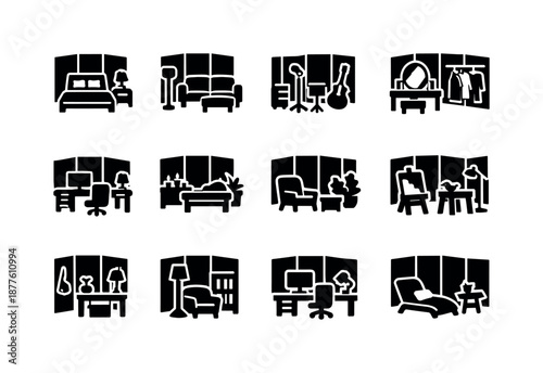 Folding Screen Icon Set. Folding screen environments. Solid icon set of folding screen environments: bedroom layout, living room layout, studio room, dressing