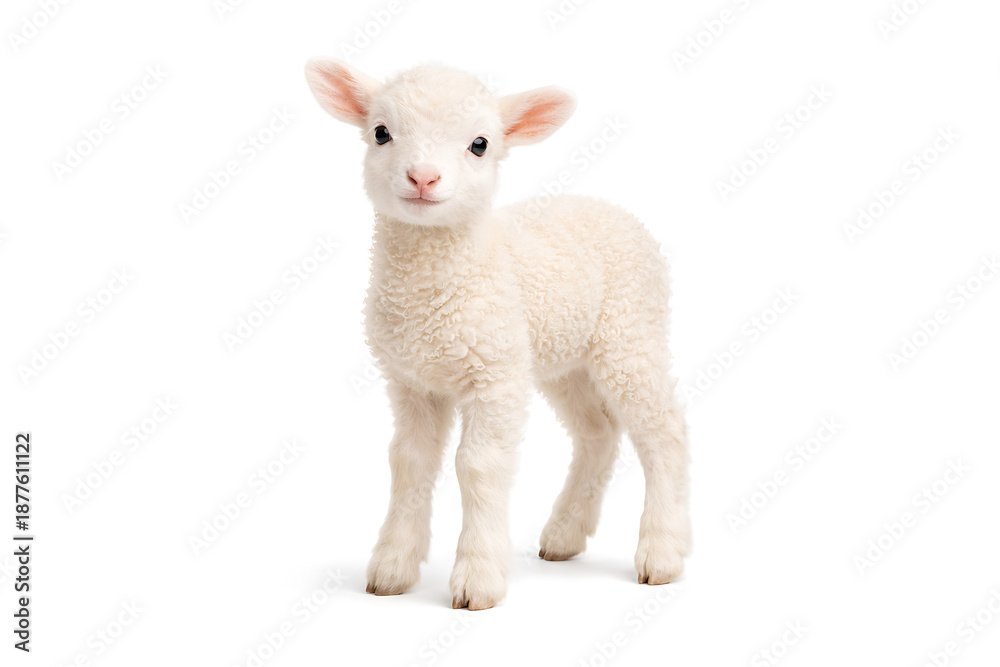 Obraz premium Small white lamb standing on white background cute farm animal