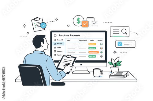 Efficient E-Procurement Dashboard. E-procurement platform overview. Procurement manager reviewing digital purchase requests on a clean dashboard.