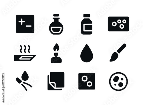 Staining Techniques Icons. Staining techniques. Solid icon set of Staining techniques: gram stain icon, iodine stain, methylene blue bottle, eosin stain, slide