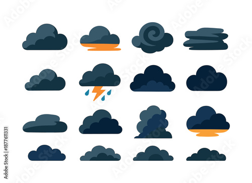 Colorful Storm Icons. Dark sky. Colorful flat vector icons set of dark sky: moody cloud mass, dim horizon cloud, deep gray swirl, layered storm sheet, shadowy