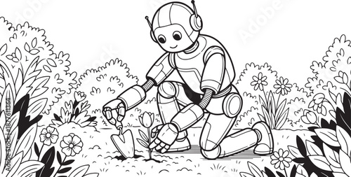  coloring book A robot planting flowers in a garden thick line art  in black and white in white background 
