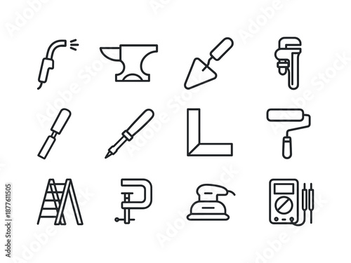 Skilled Trades Icons. Skilled trades. Line icon set of Skilled trades: welding torch, anvil, trowel, pipe wrench, chisel, soldering iron, carpenter square,