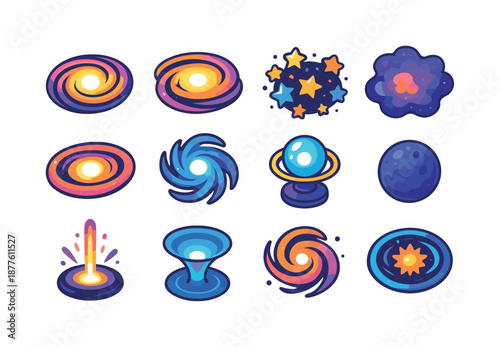 Galactic Core Icons. Galactic core. Colorful isometric vector icons set of galactic core: glowing singularity, rotating accretion disk, star cluster, nebula