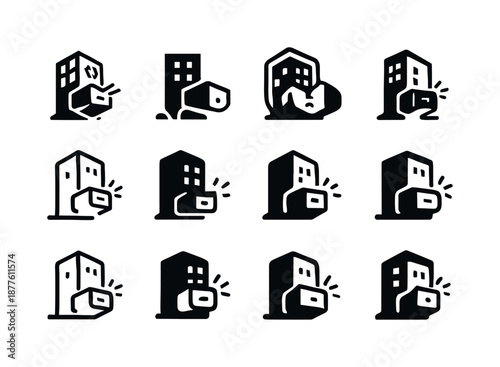 Building Drawer Logos. building opening a jammed drawer. Icon set. Set Logo of building opening a jammed drawer: tight drawer with tension marks. harmonious