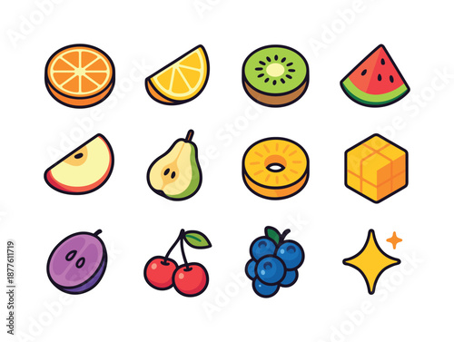 Colorful Fruit Icons Grid. Fruit slices. Colorful isometric vector icons set of fruit slices: orange wheel, lemon wedge, kiwi slice, watermelon triangle, apple