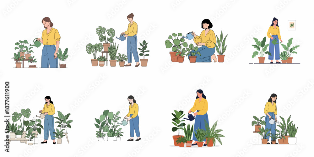 Fototapeta premium Collection of women illustrations watering various indoor houseplants, showcasing plant care, gardening hobby, and biophilia.