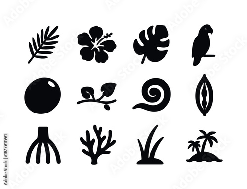 Tropical Nature Icons. Tropical nature. Solid icon set of tropical nature: palm frond, hibiscus flower, tropical leaf, parrot silhouette, coconut fruit, beach