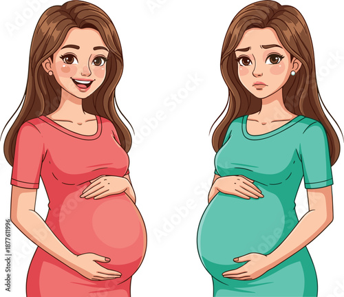 Pregnant woman illustration showing contrasting pregnancy emotions, maternity health and prenatal care concept, expecting mother lifestyle, baby bump and maternal wellbeing design