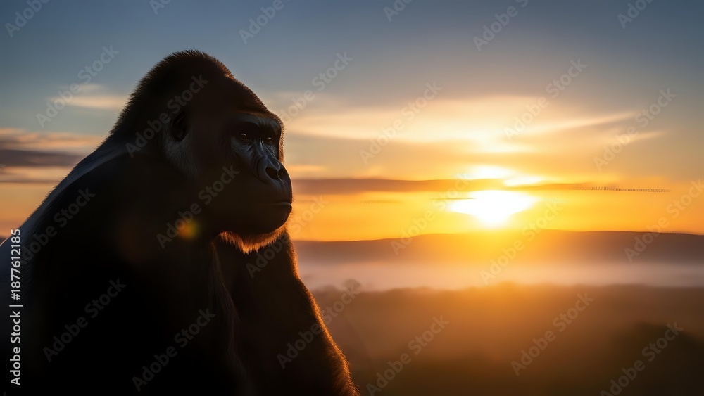 Fototapeta premium Silhouette of gorilla sitting peacefully watching golden sunset over misty landscape with warm orange and purple sky colors creating serene wildlife moment.