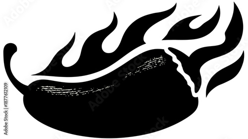A black silhouette of a chili pepper with flames erupting from its side, isolated on white