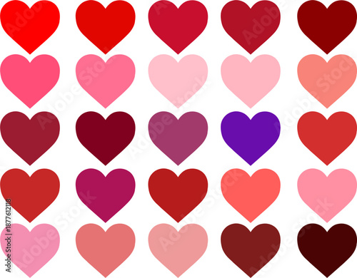Collection Of Twenty Five Solid Heart Shapes In Red And Pink Tones, Valentes day hearts, set, pack