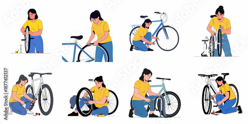 Woman repairing bicycle set, fixing flat tires, adjusting wheels, and performing maintenance tasks using tools, illustrating bike service procedures.