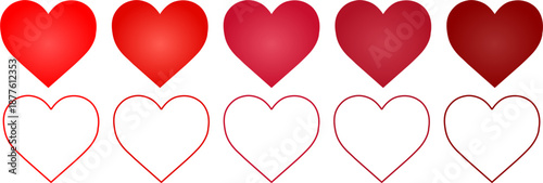 Ten Red Heart Shapes, Solid And Outline Styles