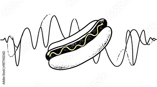 A drawing of a hot dog with mustard, set against a backdrop of wavy, fluctuating lines