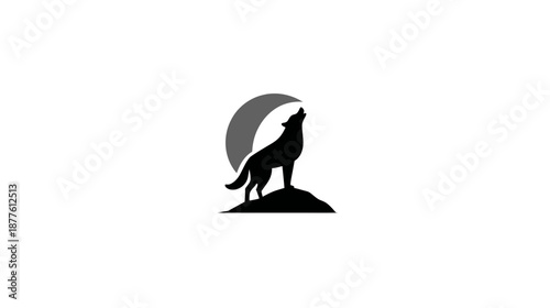 Black silhouette of a wolf howling at the moon, atop a hill, with white background